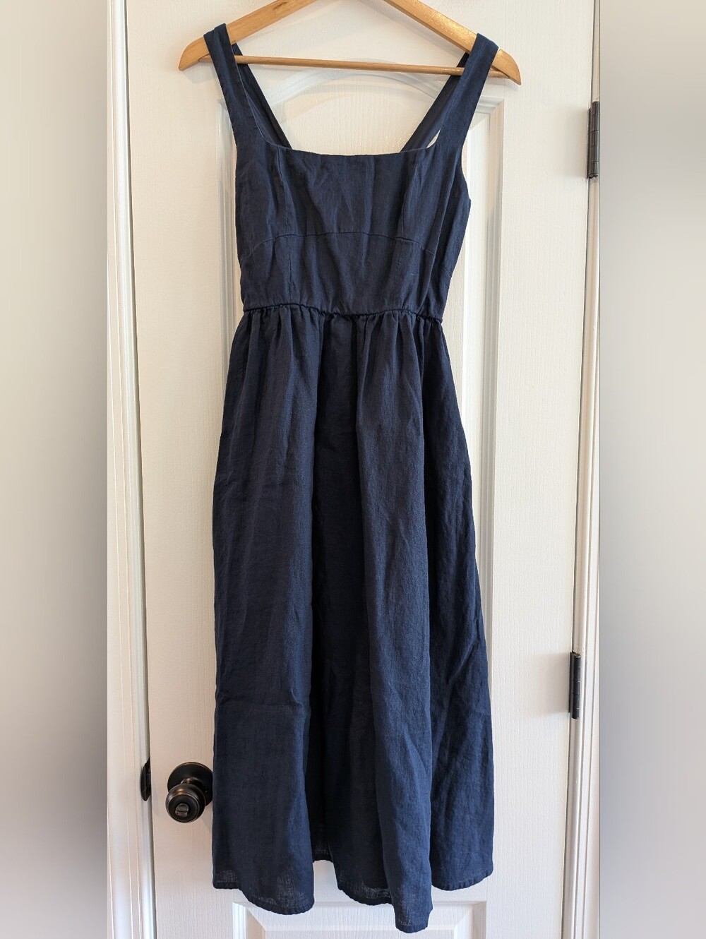 Quince 100% European Linen Fit & Flare Midi Dress Deep Navy Blue Coastal Size XS - Picture 4 of 14